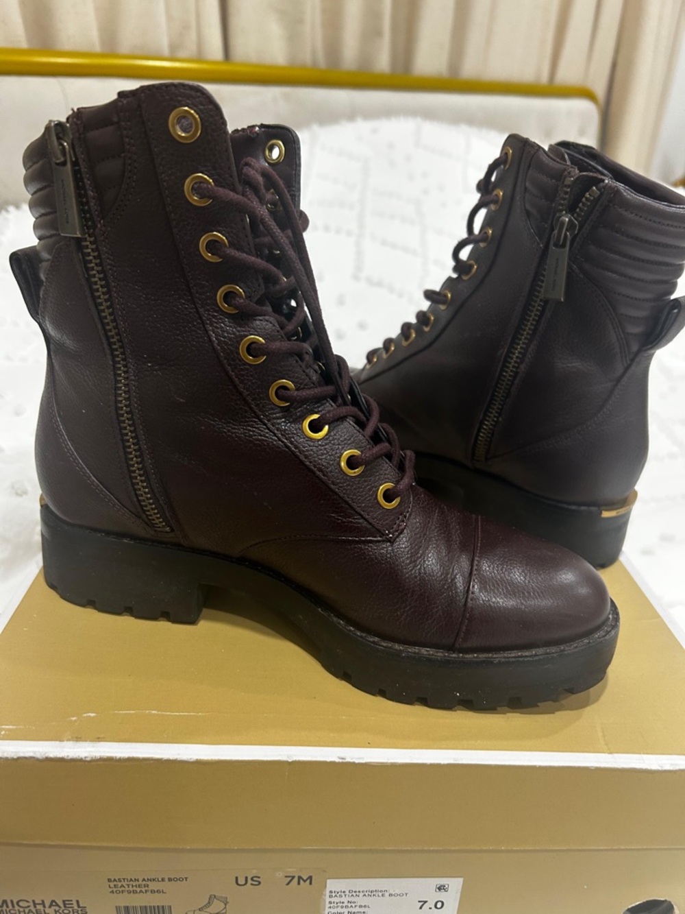Michael Kors Dark Burgundy Lace-Up Leather Combat Boots with Gold Hardware